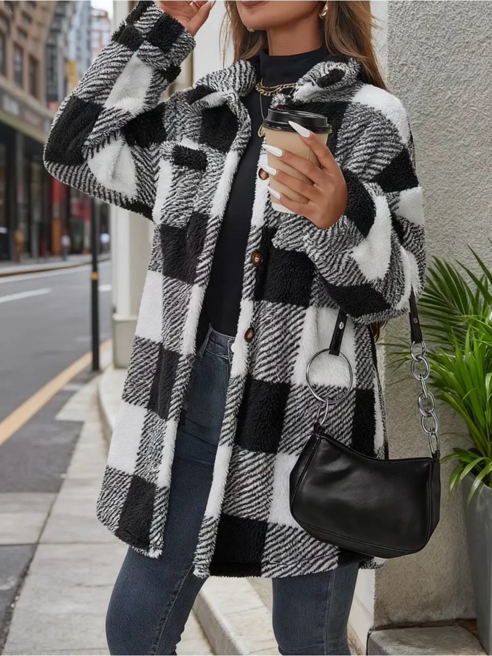 Black & White Plaid Sherpa Shacket Jacket - Women